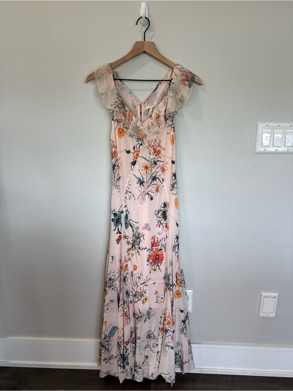 Rebecca Taylor Met Fleur 100% Silk Floral Ruffle Maxi Dress Pink Size 6